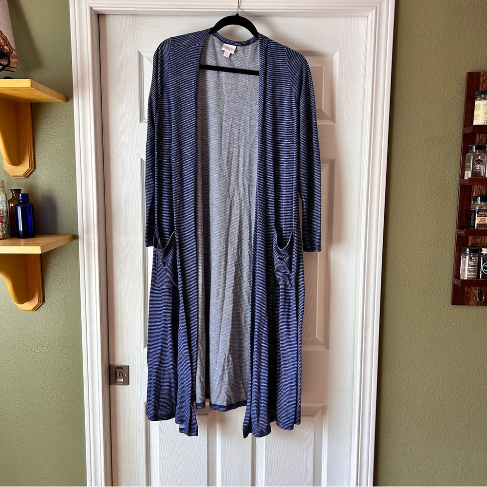 LuLaRoe Striped Navy & Gray Long Open Front Lightweight Cardigan Duster Size M